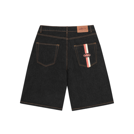 DUAL STRIPE DENIM SHORT [WASHED BLACK]
