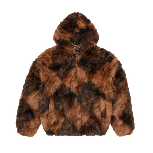 DIAMOND HOODED FUR JACKET [BROWN]