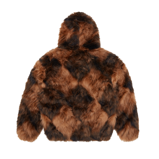 DIAMOND HOODED FUR JACKET [BROWN]